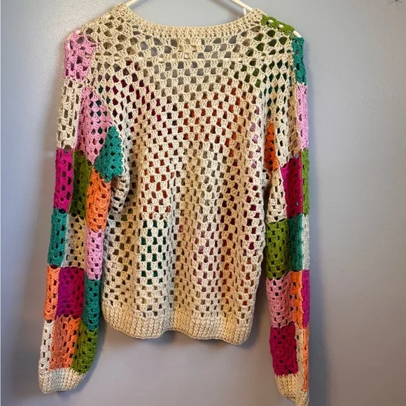BIBI Multicolor Crochet Patchwork V-Neck Sweater Sz L PTP 21”. NWT - Picture 3 of 5